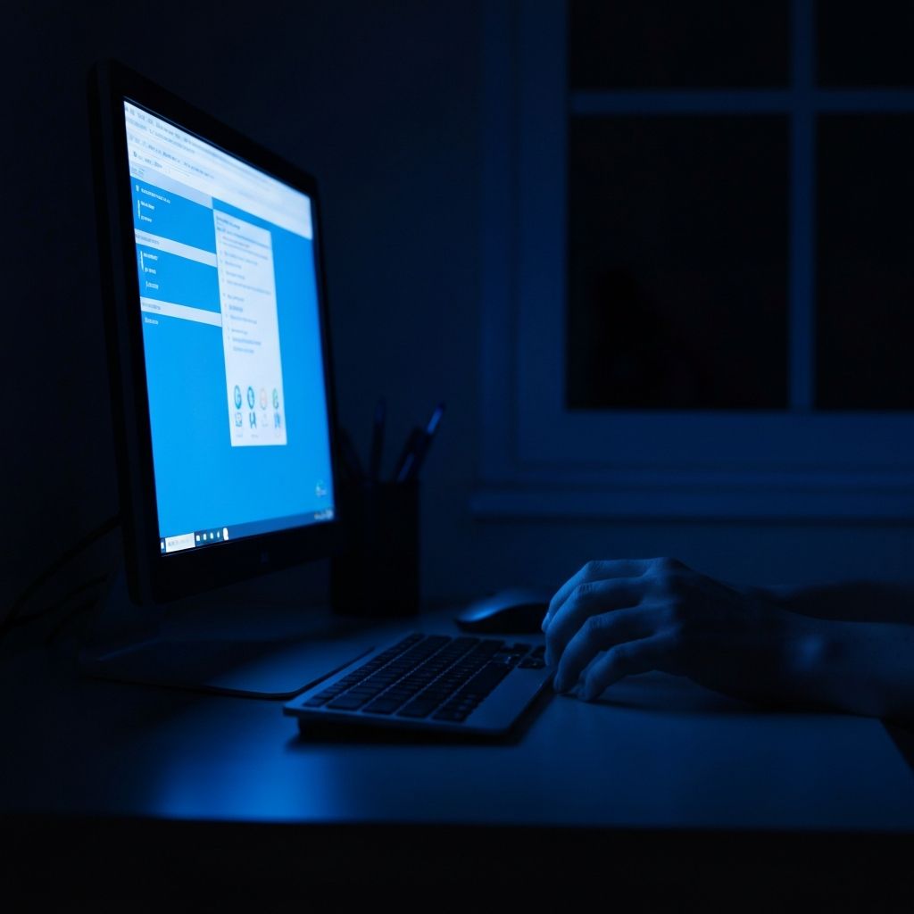 Ecrã de computador com reflexo de luz azul num ambiente escuro de escritório, com teclado em primeiro plano, evocando o trabalho noturno e o impacto da luz digital nos olhos