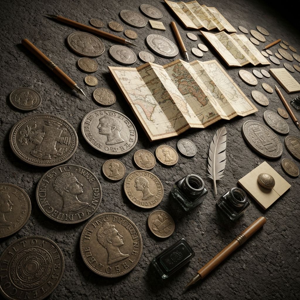 Mosaico de elementos históricos sobre uma superfície texturada: moedas antigas, mapas enrolados e instrumentos de escrita, evocando a história do conhecimento humano ao longo dos séculos