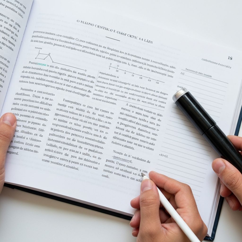 Página de livro com texto científico e gráficos simples a lápis, caderno de notas com apontamentos, lupa e caneta, representando investigação e análise crítica de informação