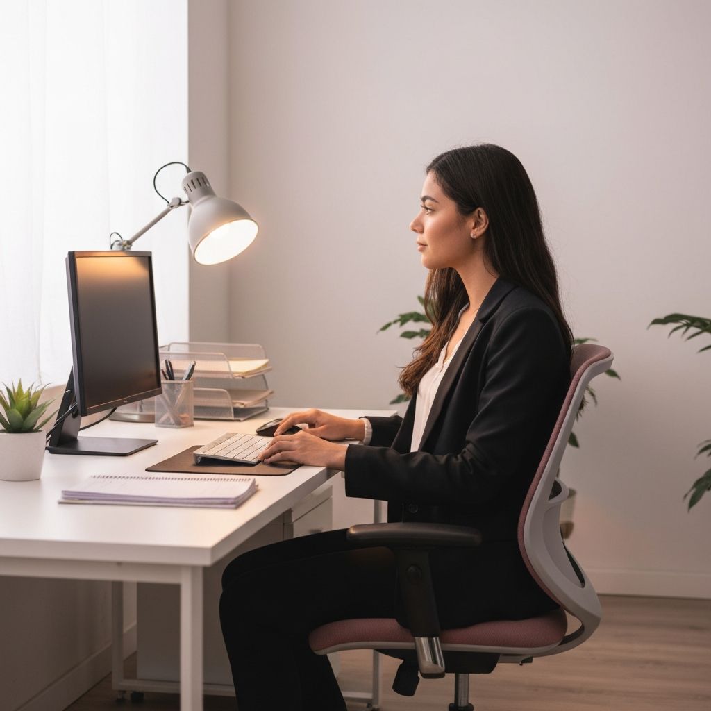 Secretária de trabalho bem organizada com monitor a altura adequada, iluminação lateral suave, cadeira ergonómica e plantas ao fundo, ambiente de trabalho calmo e ordenado