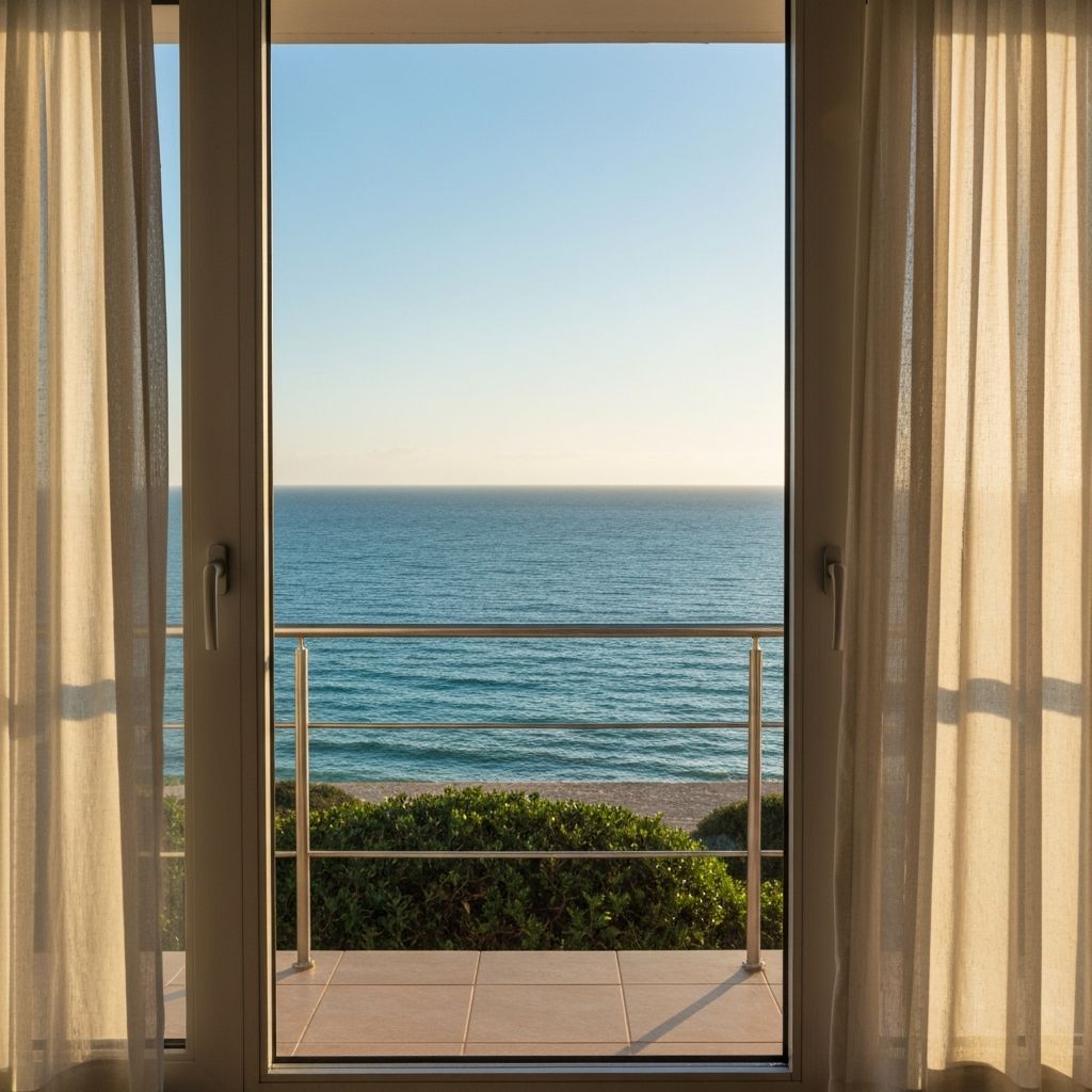Vista serena de uma janela com luz natural suave a entrar por cortinas transparentes, criando um ambiente de calma e foco visual, sem pessoas visíveis