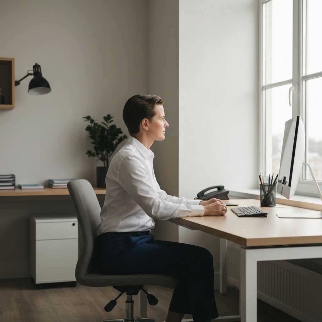 Pessoa sentada numa secretária organizada a olhar pela janela durante uma pausa no trabalho, com luz natural suave e ambiente calmo de escritório