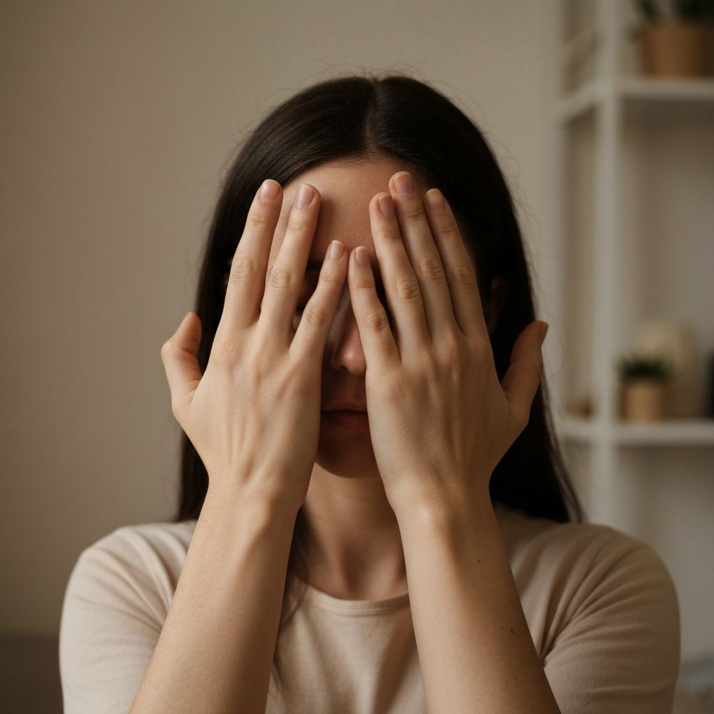 Mãos de uma pessoa suavemente cobrindo os olhos fechados com as palmas em posição de palming, em ambiente interior tranquilo com luz difusa