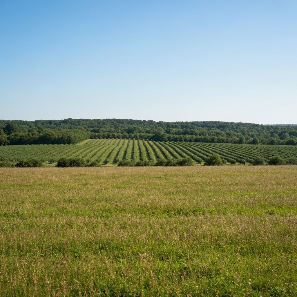 Vista de horizonte distante com paisagem aberta e verde, campo com árvores ao longe, representando o conceito de focar objetos a grande distância